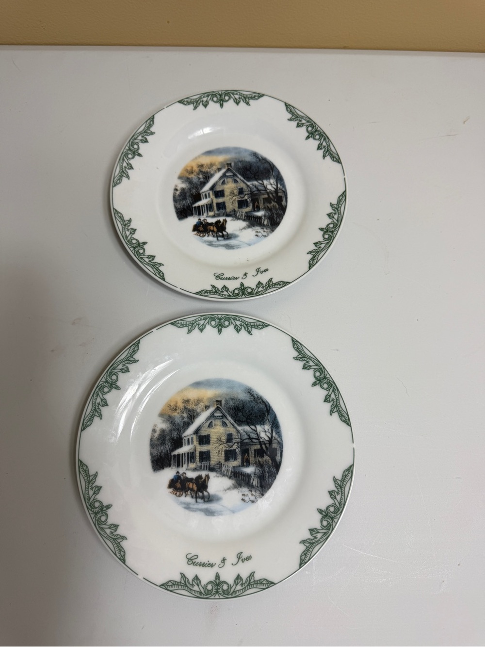 2 Currier & Ives "American Homestead Winter" Plates (8") Rare "Mrseum" Misprint